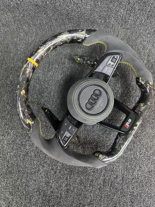 Customized Audi steering wheel forged carbon+yellow return mark+Alcantara grip+Alcantara airbag cover