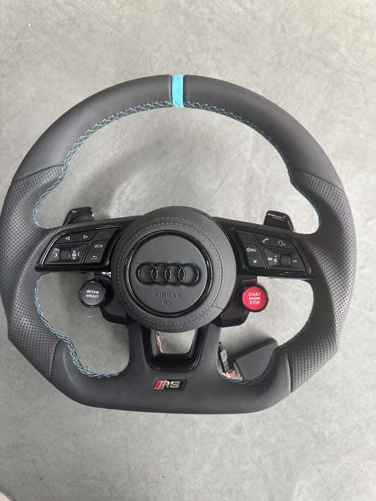 D-shaped flat bottomed Audi leather steering wheel+carbon fiber paddles