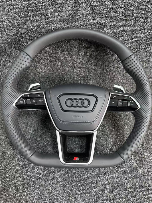Fully Leather Flat Bottom Steering Wheel for Audi A3 A4 A5 A6 A7 Q3 Q5 Q7 Assembly Required