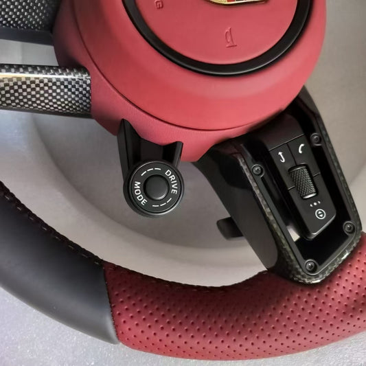 Black and red leather dual piece Porsche steering wheel with knob