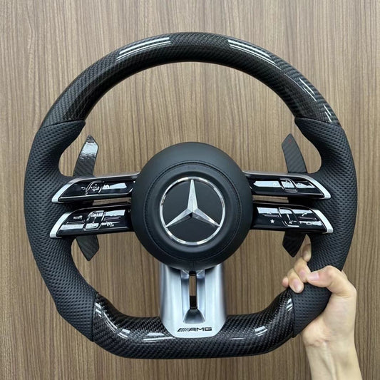 Custom carbon fiber steering wheel with carbon paddles for Mercedes Benz, optional bright carbon or matte carbon
