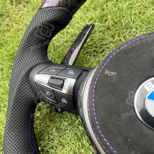 Custom BMW steering wheel Purple forged carbon + Alcantara airbag cover + perforated leather grip