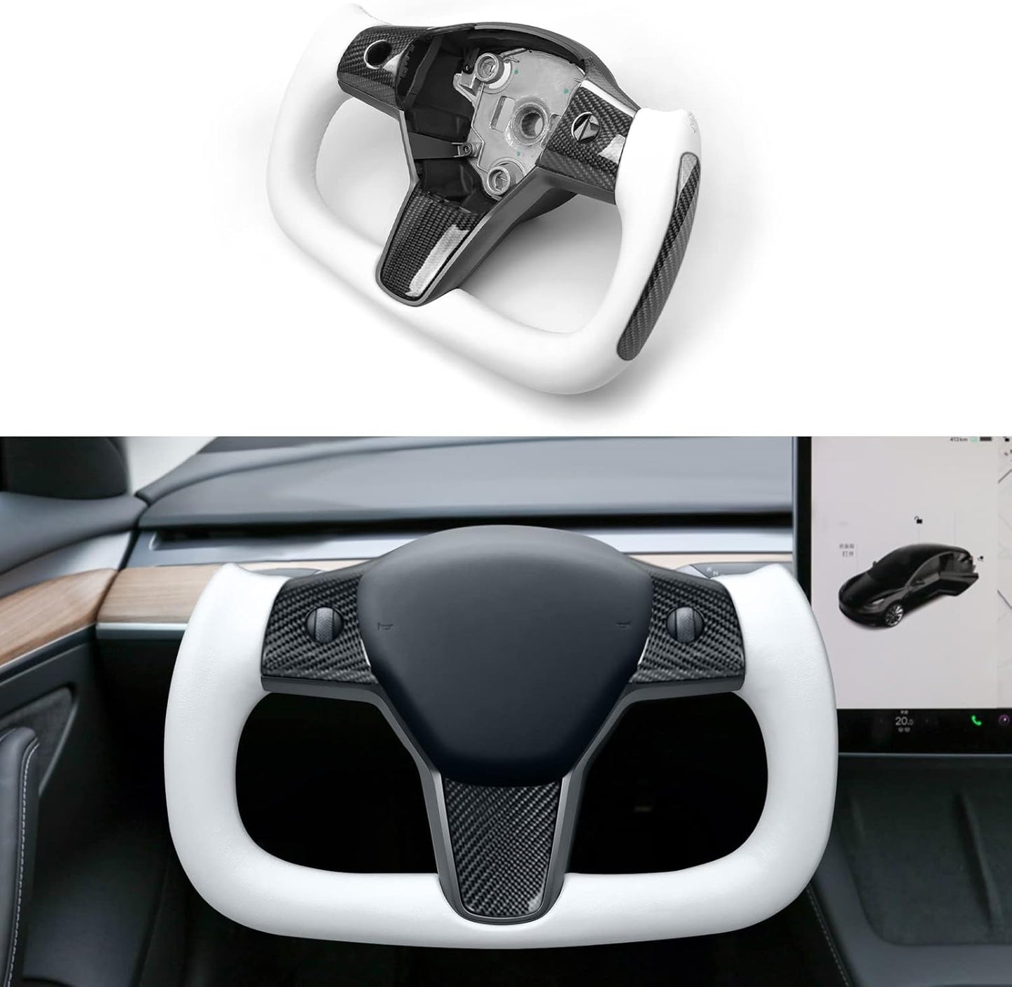 Yoke steering wheel with bright carbon or matte carbon trim with side carbon and heating for Tesla Model 3/Y