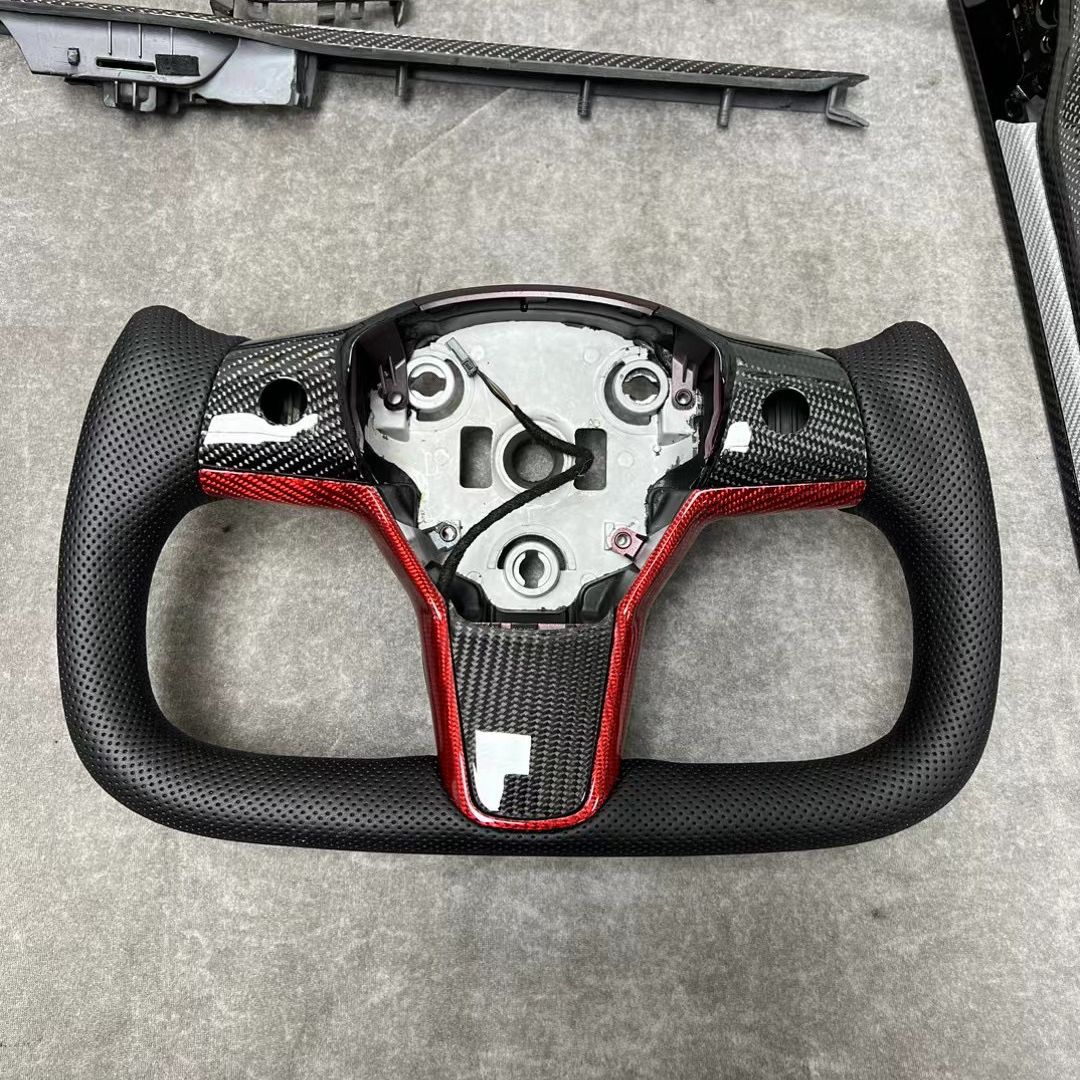 Yoke steering wheel with bright carbon or matte carbon trim cover for Tesla Model 3/Y