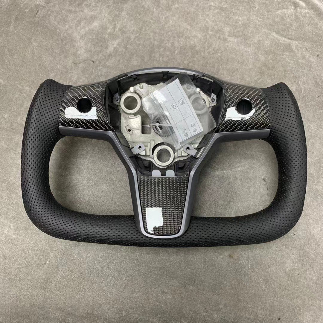 Yoke steering wheel with bright carbon or matte carbon trim cover for Tesla Model 3/Y