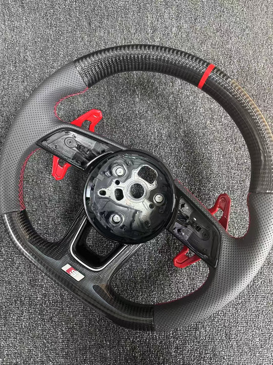 D-Shape Leather Racing Steering Wheel Audi A4 Carbon Fiber White Stitch Compatible Models RS3 A3 A6 A5 R8 TT Q5 A7 RS6