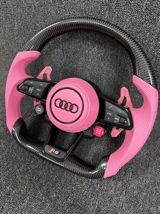 Audi carbon fiber steering wheel - custom fan leather + pink paddles + two knobs