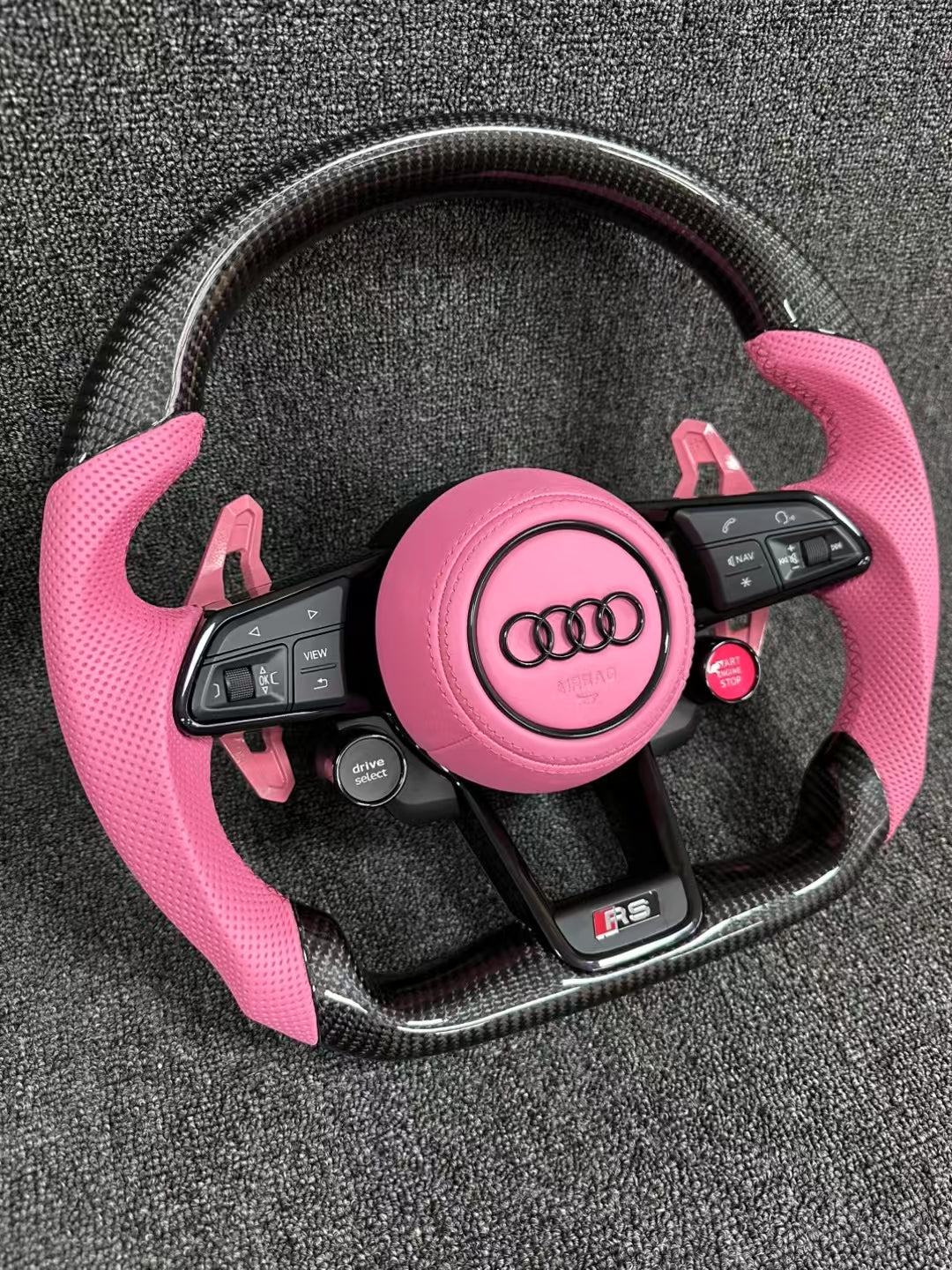 Audi carbon fiber steering wheel - custom fan leather + pink paddles + two knobs