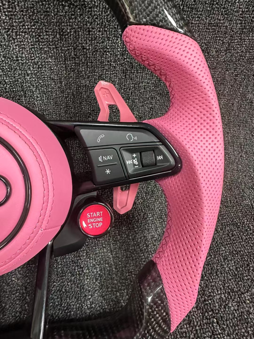 Audi carbon fiber steering wheel - custom fan leather + pink paddles + two knobs
