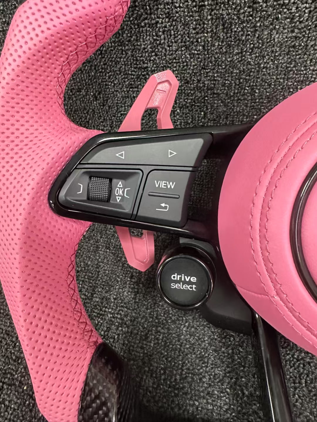 Audi carbon fiber steering wheel - custom fan leather + pink paddles + two knobs