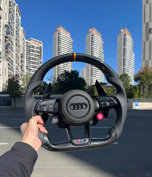 Carbon fiber sports steering wheel - paddle shifters + leather grips + leather airbag cover + dual-function knob