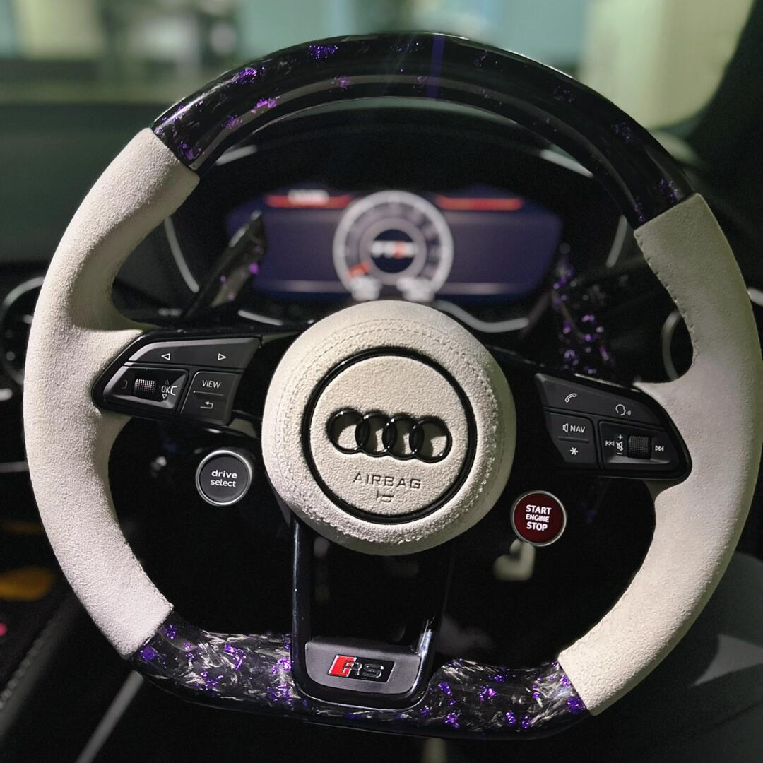 Audi steering wheel - purple forged carbon+carbon paddles+white Alcantara+2 function knobs