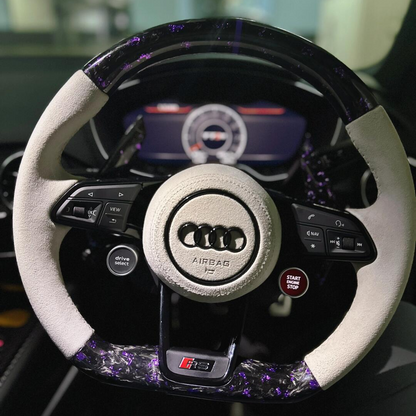 Audi steering wheel - purple forged carbon+carbon paddles+white Alcantara+2 function knobs
