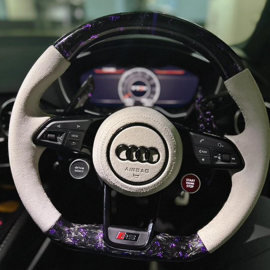 Audi steering wheel - purple forged carbon+carbon paddles+white Alcantara+2 function knobs