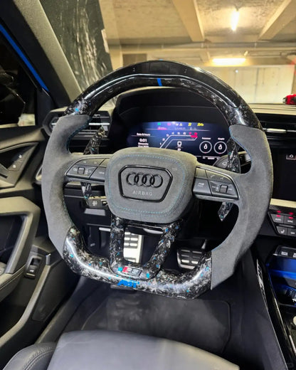 Customized Audi steering wheel forged with carbon, LED, and carbon paddles