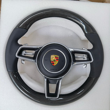 D-Shaped Carbon Fiber + Nappa Leather Steering Wheel German Tricolor Stitching for Porsche 911/718