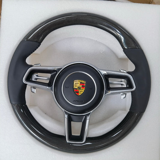 D-Shaped Carbon Fiber + Nappa Leather Steering Wheel German Tricolor Stitching for Porsche 911/718