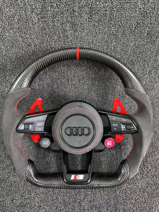 Carbon fiber sports steering wheel - red paddle shifters + Alcantara grips + Alcantara airbag cover + dual-function knob