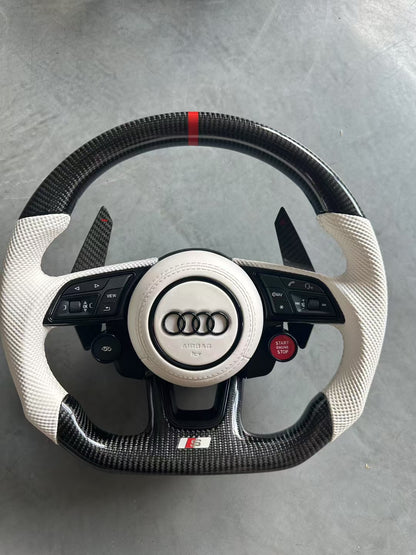 Custom White Perforated Leather Carbon Fiber Steering Wheel for Audi A6 A3 A4 A5 Q5 RS3 RS7 Q7 C6 C8 A8 S6 S7 B8 B8.5 B9 S3 S4 S5