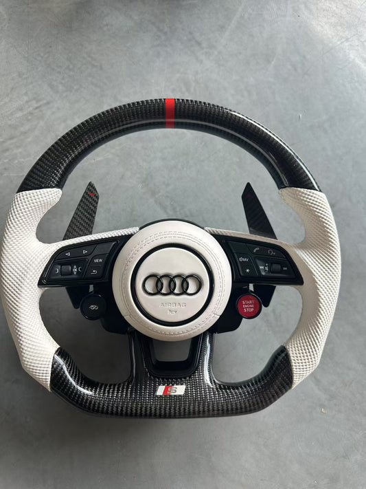 Custom White Perforated Leather Carbon Fiber Steering Wheel for Audi A6 A3 A4 A5 Q5 RS3 RS7 Q7 C6 C8 A8 S6 S7 B8 B8.5 B9 S3 S4 S5
