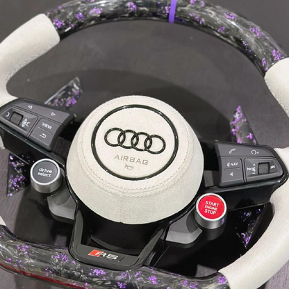 Audi steering wheel - purple forged carbon+carbon paddles+white Alcantara+2 function knobs