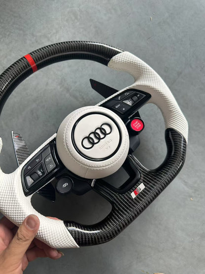Custom White Perforated Leather Carbon Fiber Steering Wheel for Audi A6 A3 A4 A5 Q5 RS3 RS7 Q7 C6 C8 A8 S6 S7 B8 B8.5 B9 S3 S4 S5