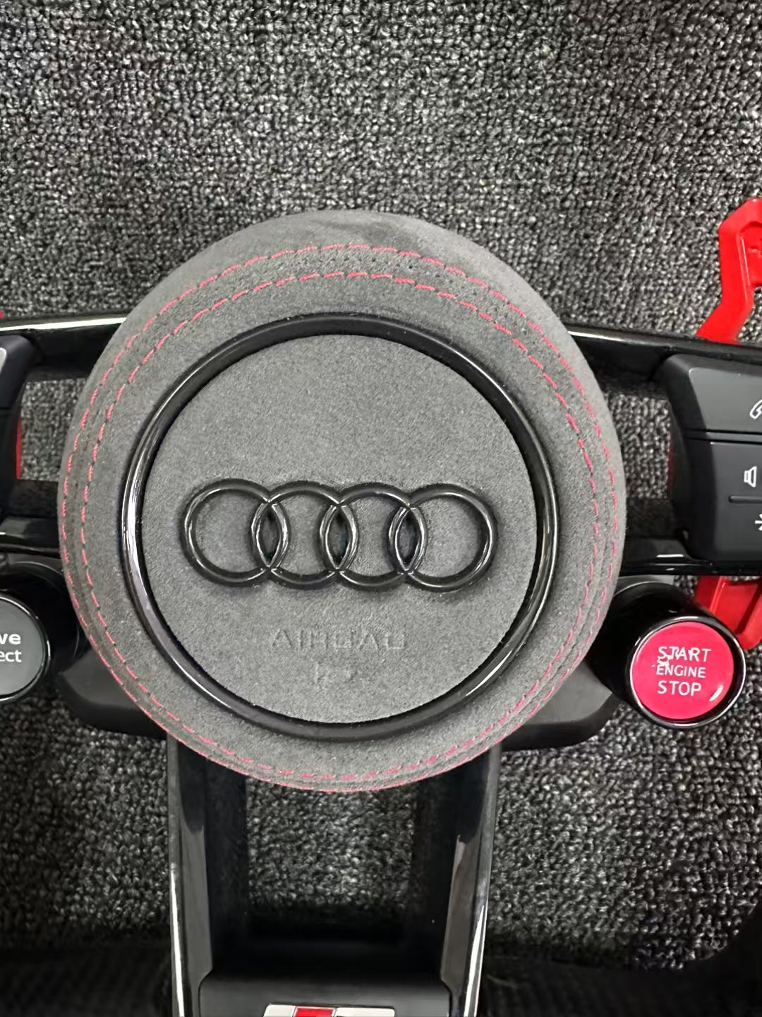 Carbon fiber sports steering wheel - red paddle shifters + Alcantara grips + Alcantara airbag cover + dual-function knob