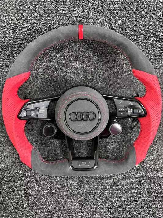 Customized Alcantara color blocked Audi steering wheel with LCD knob