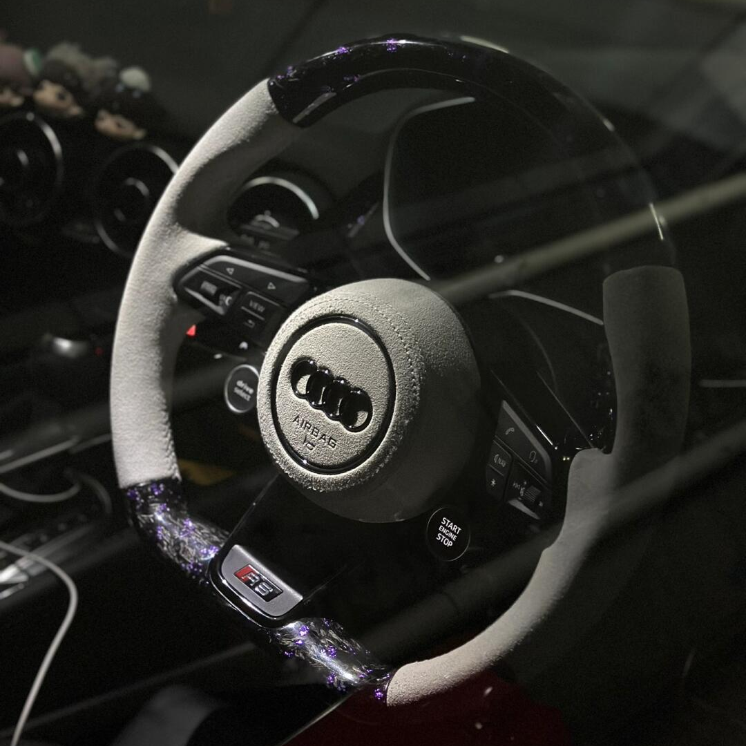 Audi steering wheel - purple forged carbon+carbon paddles+white Alcantara+2 function knobs