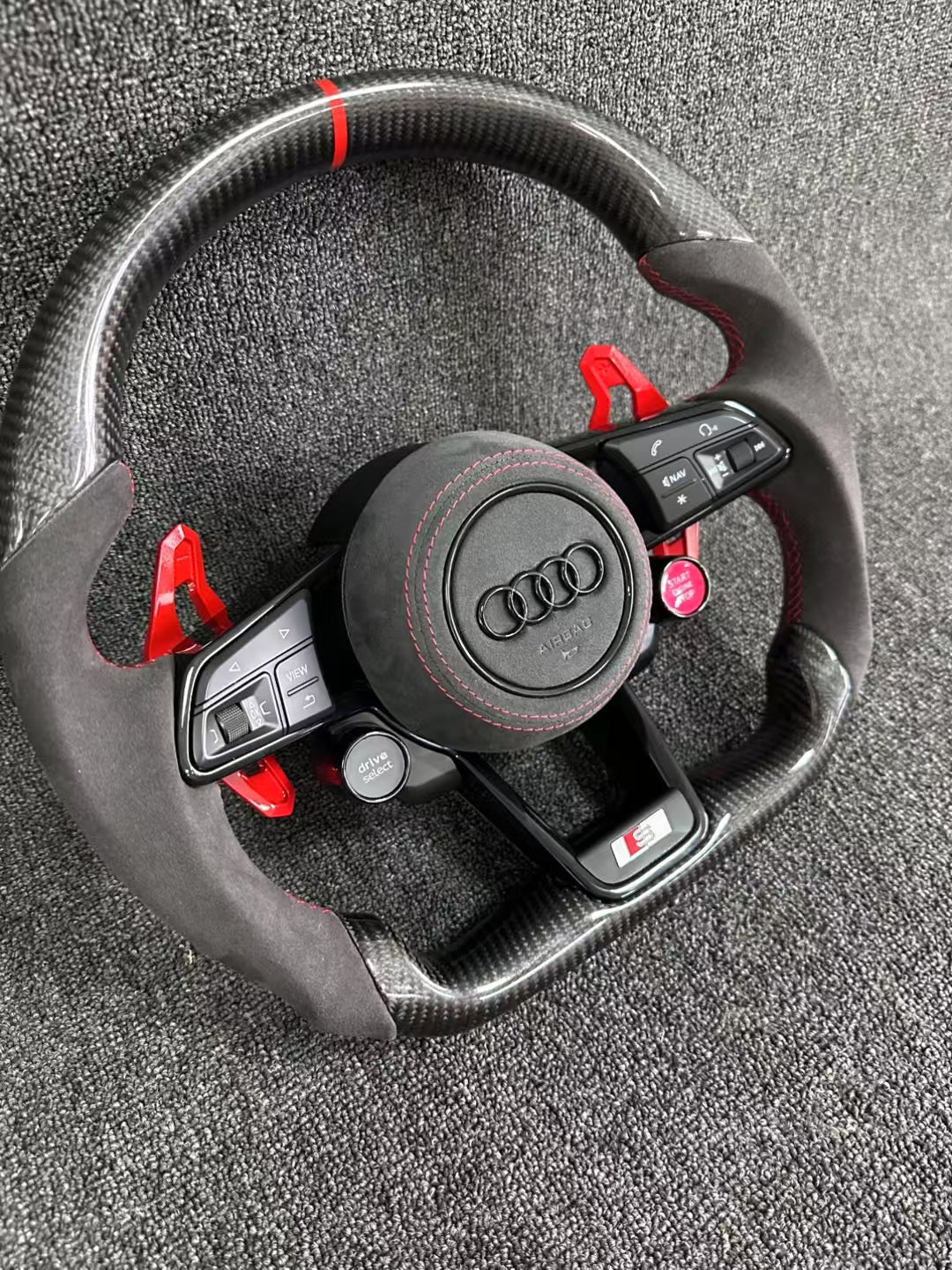 Carbon fiber sports steering wheel - red paddle shifters + Alcantara grips + Alcantara airbag cover + dual-function knob
