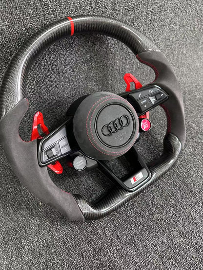 Carbon fiber sports steering wheel - red paddle shifters + Alcantara grips + Alcantara airbag cover + dual-function knob
