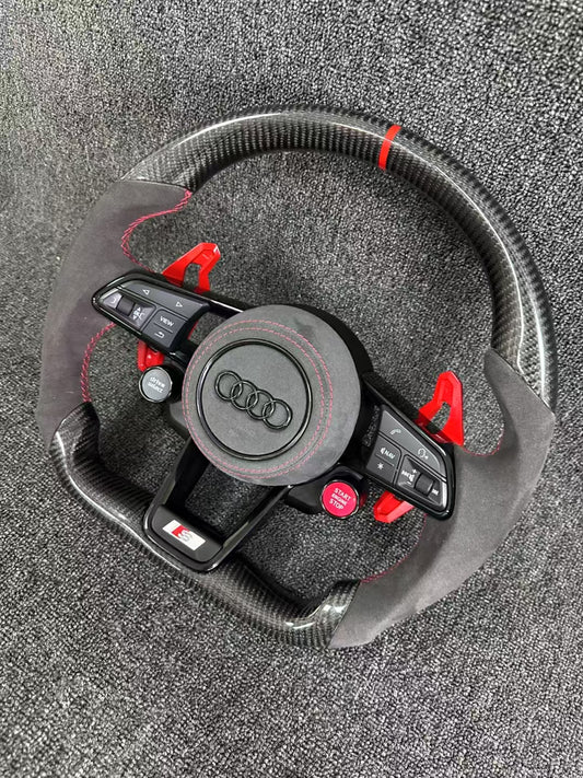 Carbon fiber sports steering wheel - red paddle shifters + Alcantara grips + Alcantara airbag cover + dual-function knob