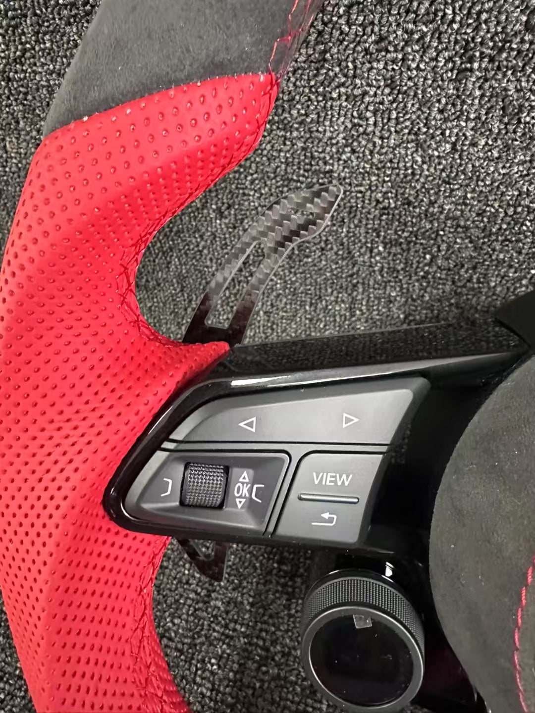Customized Alcantara color blocked Audi steering wheel with LCD knob
