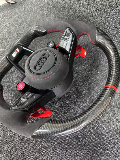 Carbon fiber sports steering wheel - red paddle shifters + Alcantara grips + Alcantara airbag cover + dual-function knob