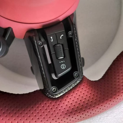 Black and red leather dual piece Porsche steering wheel with knob