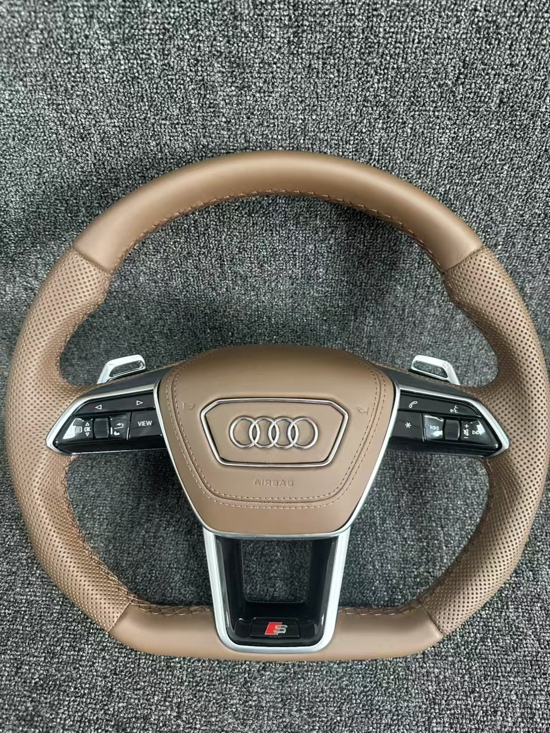 Fully Leather Flat Bottom Steering Wheel for Audi A3 A4 A5 A6 A7 Q3 Q5 Q7 Assembly Required