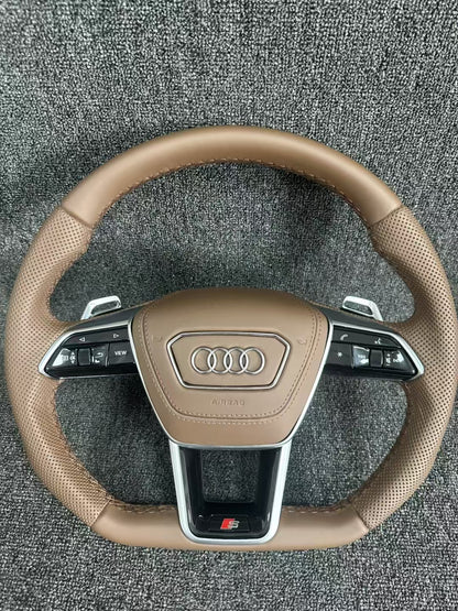 Fully Leather Flat Bottom Steering Wheel for Audi A3 A4 A5 A6 A7 Q3 Q5 Q7 Assembly Required