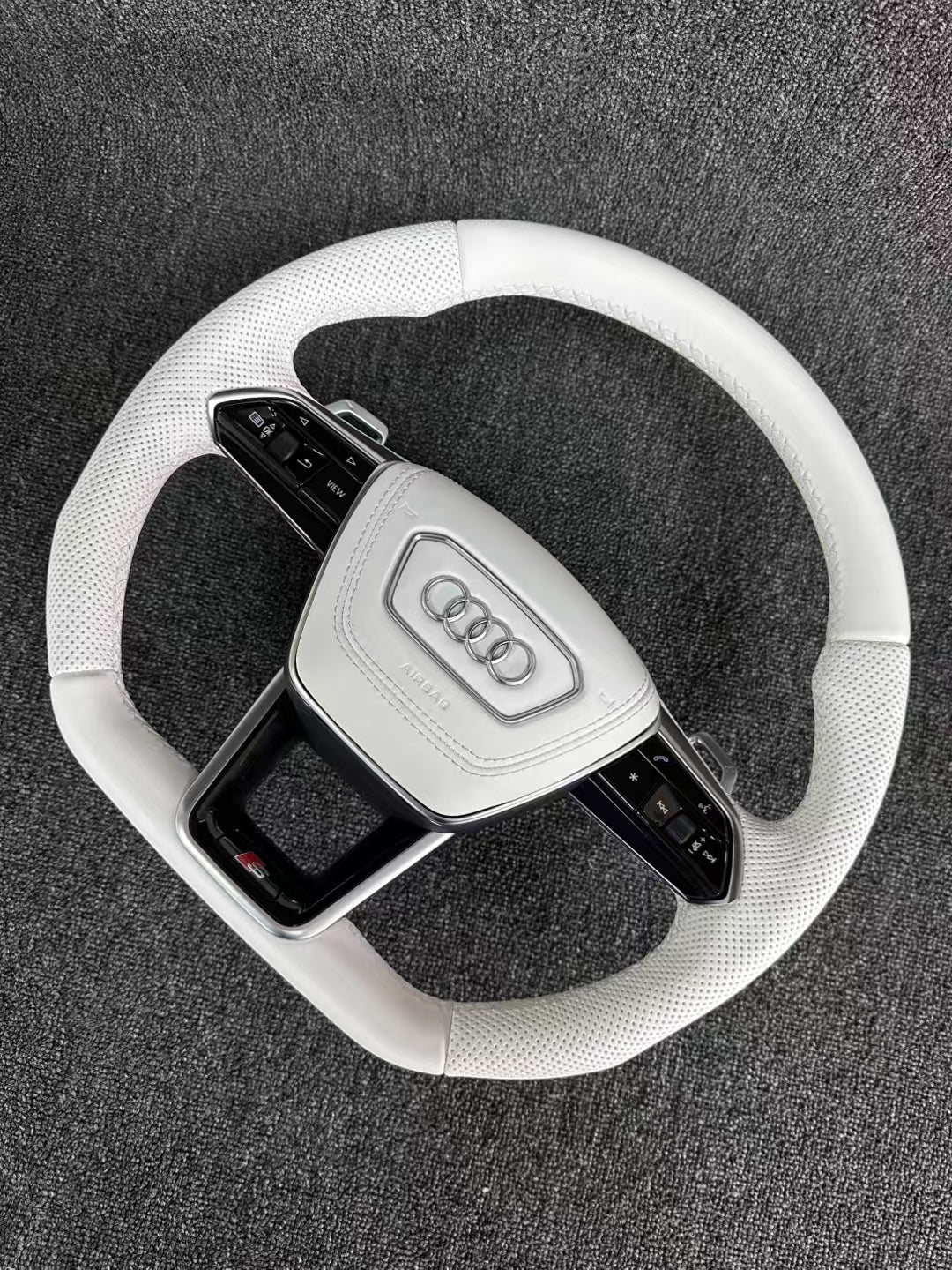 Fully Leather Flat Bottom Steering Wheel for Audi A3 A4 A5 A6 A7 Q3 Q5 Q7 Assembly Required
