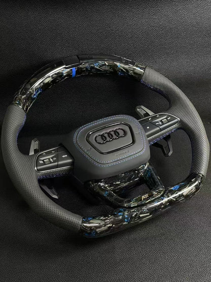 Customized Audi steering wheel forged with carbon, LED, and carbon paddles