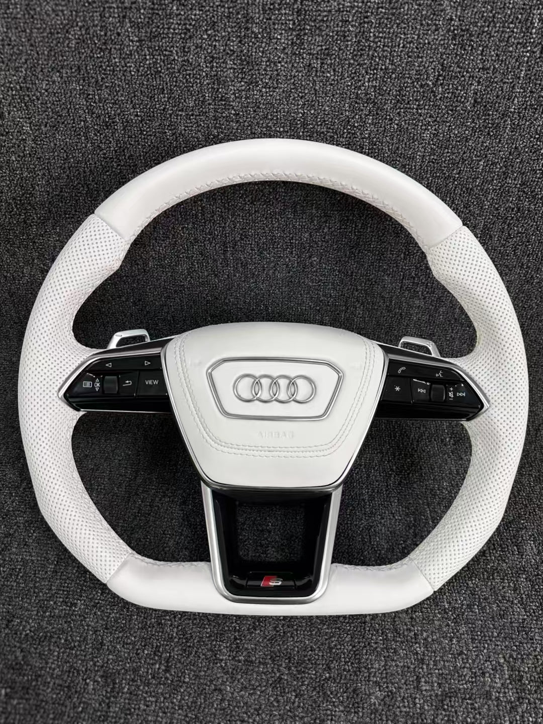 Fully Leather Flat Bottom Steering Wheel for Audi A3 A4 A5 A6 A7 Q3 Q5 Q7 Assembly Required