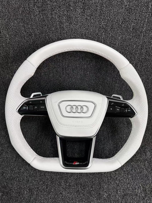 Fully Leather Flat Bottom Steering Wheel for Audi A3 A4 A5 A6 A7 Q3 Q5 Q7 Assembly Required