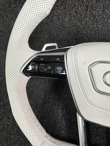 Fully Leather Flat Bottom Steering Wheel for Audi A3 A4 A5 A6 A7 Q3 Q5 Q7 Assembly Required