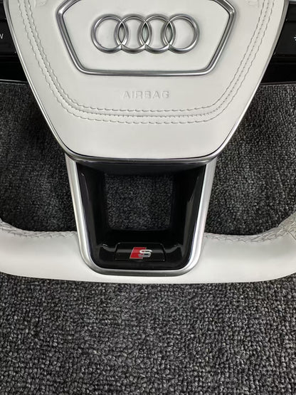 Fully Leather Flat Bottom Steering Wheel for Audi A3 A4 A5 A6 A7 Q3 Q5 Q7 Assembly Required