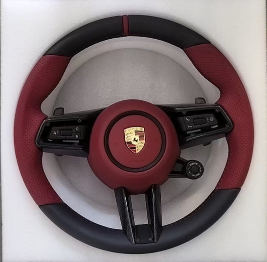 Black and red leather dual piece Porsche steering wheel with knob