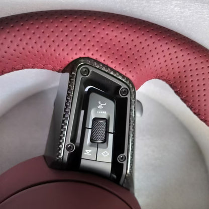 Black and red leather dual piece Porsche steering wheel with knob