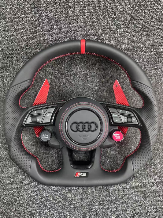 D-shaped flat bottomed Audi leather steering wheel+carbon fiber paddles
