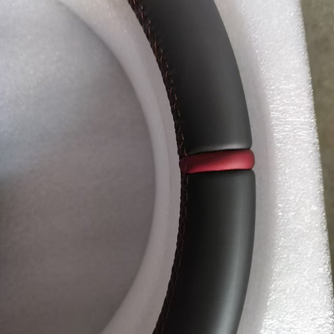 Black and red leather dual piece Porsche steering wheel with knob