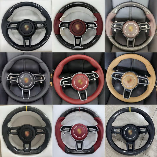 D-Shaped Carbon Fiber + Nappa Leather Steering Wheel German Tricolor Stitching for Porsche 911/718