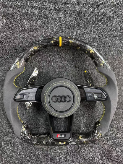 Customized Audi steering wheel forged carbon+yellow return mark+Alcantara grip+Alcantara airbag cover