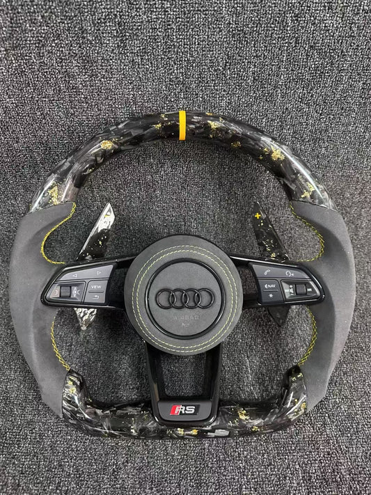 Customized Audi steering wheel forged carbon+yellow return mark+Alcantara grip+Alcantara airbag cover